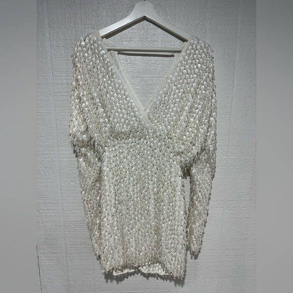 NWT ASOS DESIGN batwing embellished drip bead wrap mini dress in white SIZE 2 - Picture 3 of 16